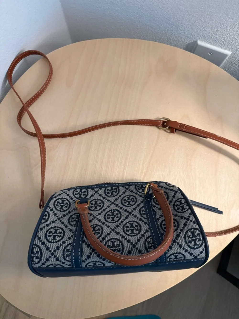 Tory Burch Navy Logo Jacquard Mini Satchel with Tan Handles - Picture 4 of 4